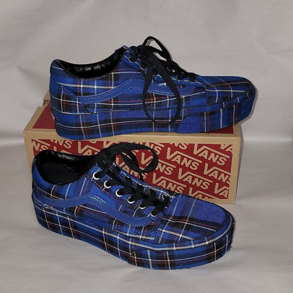 Vans Old Skool Platform Patent Plaid Blue Black Sneaker Shoes Women 5.5 Men 7 - Picture 15 of 15